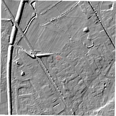 Shaded relief map of the ground around DN50BL, computed from Environment Agency LiDAR. The ground here sits at about 6 m above sea level and falls 10 m across the surrounding 800 m. Surface water reaching this point runs off ground lying to the west, 4.9 m higher.