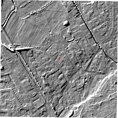 Shaded relief map of the ground around DN50BP, computed from Environment Agency LiDAR. The ground here sits at about 6 m above sea level and falls 10 m across the surrounding 800 m. Surface water reaching this point runs off ground lying to the west-north-west, 5.1 m higher.