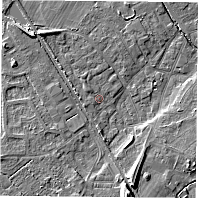 Shaded relief map of the ground around DN50BQ, computed from Environment Agency LiDAR. The ground here sits at about 6 m above sea level and falls 14 m across the surrounding 800 m. Surface water reaching this point runs off ground lying to the west-north-west, 2.0 m higher.