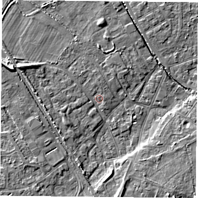 Shaded relief map of the ground around DN50BS, computed from Environment Agency LiDAR. The ground here sits at about 6 m above sea level and falls 10 m across the surrounding 800 m. Surface water reaching this point runs off ground lying to the west-north-west, 5.4 m higher.