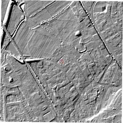 Shaded relief map of the ground around DN50BU, computed from Environment Agency LiDAR. The ground here sits at about 6 m above sea level and falls 10 m across the surrounding 800 m. Surface water reaching this point runs off ground lying to the east-south-east, 0.8 m higher.