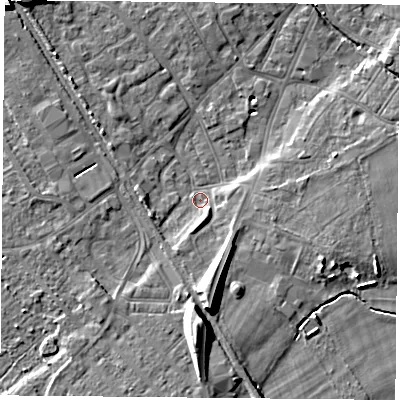 Shaded relief map of the ground around DN50BW, computed from Environment Agency LiDAR. The ground here sits at about 5 m above sea level and falls 14 m across the surrounding 800 m. Surface water reaching this point runs off ground lying to the south, 10.3 m higher.