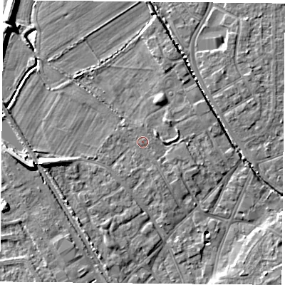 Shaded relief map of the ground around DN50BX, computed from Environment Agency LiDAR. The ground here sits at about 6 m above sea level and falls 10 m across the surrounding 800 m. Surface water reaching this point runs off ground lying to the east, 1.3 m higher.
