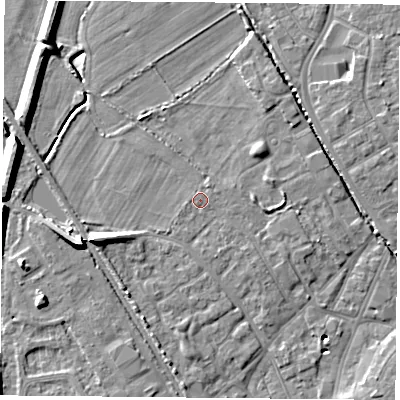 Shaded relief map of the ground around DN50BY, computed from Environment Agency LiDAR. The ground here sits at about 6 m above sea level and falls 10 m across the surrounding 800 m. Surface water reaching this point runs off ground lying to the north-north-east, 0.5 m higher.