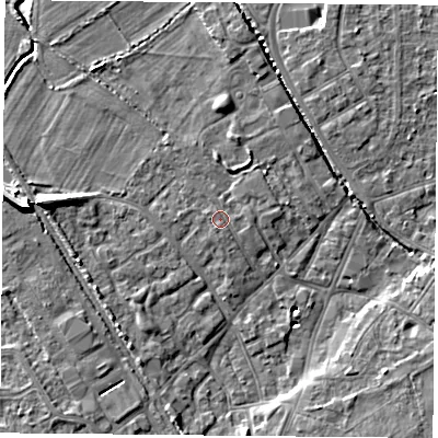 Shaded relief map of the ground around DN50BZ, computed from Environment Agency LiDAR. The ground here sits at about 6 m above sea level and falls 10 m across the surrounding 800 m. The ground contributing surface water to this point lies to the south.