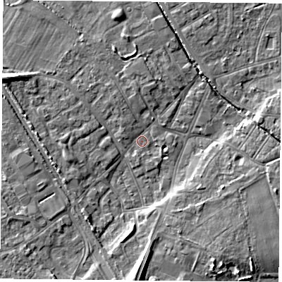 Shaded relief map of the ground around DN50DA, computed from Environment Agency LiDAR. The ground here sits at about 5 m above sea level and falls 13 m across the surrounding 800 m. Surface water reaching this point runs off ground lying to the west-north-west, 5.9 m higher.