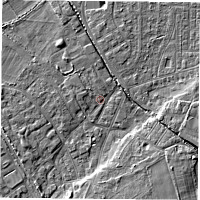 Shaded relief map of the ground around DN50DD, computed from Environment Agency LiDAR. The ground here sits at about 6 m above sea level and falls 8 m across the surrounding 800 m. Surface water reaching this point runs off ground lying to the west-south-west, 4.0 m higher.