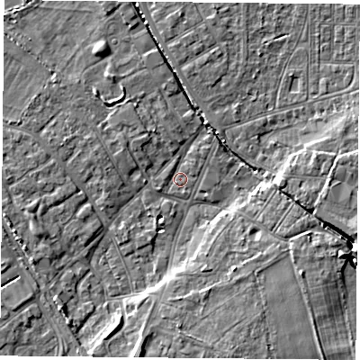 Shaded relief map of the ground around DN50DE, computed from Environment Agency LiDAR. The ground here sits at about 5 m above sea level and falls 9 m across the surrounding 800 m. Surface water reaching this point runs off ground lying to the south-south-west, 8.7 m higher.
