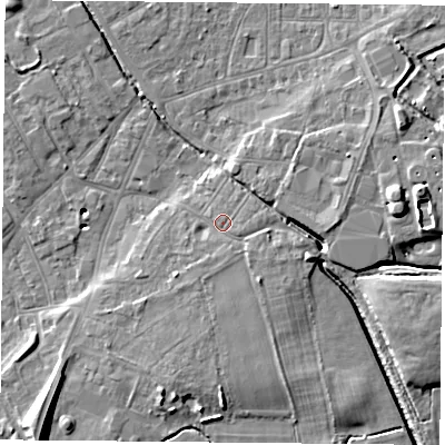 Shaded relief map of the ground around DN50DF, computed from Environment Agency LiDAR. The ground here sits at about 7 m above sea level and falls 13 m across the surrounding 800 m. Surface water reaching this point runs off ground lying to the south-south-east, 2.2 m higher.
