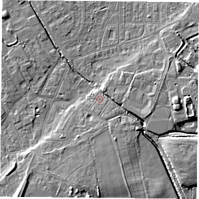 Shaded relief map of the ground around DN50DG, computed from Environment Agency LiDAR. The ground here sits at about 7 m above sea level and falls 12 m across the surrounding 800 m. Surface water reaching this point runs off ground lying to the south-east, 5.9 m higher.