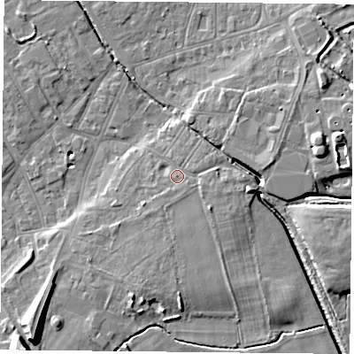 Shaded relief map of the ground around DN50DH, computed from Environment Agency LiDAR. The ground here sits at about 7 m above sea level and falls 13 m across the surrounding 800 m. Surface water reaching this point runs off ground lying to the south-east, 2.2 m higher.