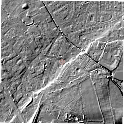 Shaded relief map of the ground around DN50DJ, computed from Environment Agency LiDAR. The ground here sits at about 5 m above sea level and falls 13 m across the surrounding 800 m. Surface water reaching this point runs off ground lying to the south-south-west, 10.6 m higher.
