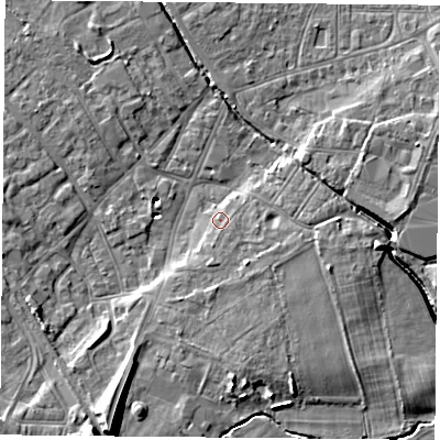 Shaded relief map of the ground around DN50DL, computed from Environment Agency LiDAR. The ground here sits at about 6 m above sea level and falls 13 m across the surrounding 800 m. Surface water reaching this point runs off ground lying to the south-south-east, 1.6 m higher.