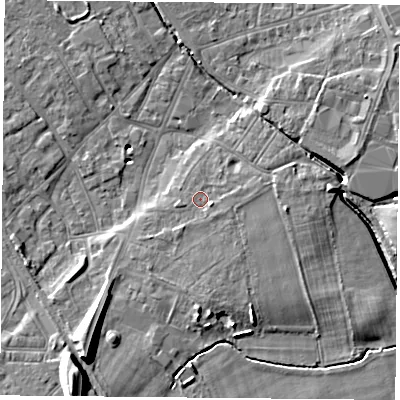 Shaded relief map of the ground around DN50DN, computed from Environment Agency LiDAR. The ground here sits at about 7 m above sea level and falls 14 m across the surrounding 800 m. Surface water reaching this point runs off ground lying to the east-south-east, 1.3 m higher.