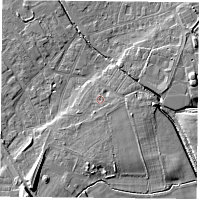 Shaded relief map of the ground around DN50DP, computed from Environment Agency LiDAR. The ground here sits at about 7 m above sea level and falls 14 m across the surrounding 800 m. Surface water reaching this point runs off ground lying to the south-south-west, 1.3 m higher.
