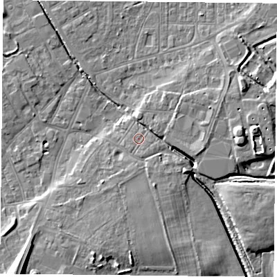 Shaded relief map of the ground around DN50DQ, computed from Environment Agency LiDAR. The ground here sits at about 7 m above sea level and falls 13 m across the surrounding 800 m. The ground contributing surface water to this point lies to the south-south-east.