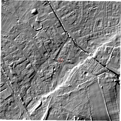 Shaded relief map of the ground around DN50DR, computed from Environment Agency LiDAR. The ground here sits at about 5 m above sea level and falls 11 m across the surrounding 800 m. Surface water reaching this point runs off ground lying to the south-south-west, 4.3 m higher.