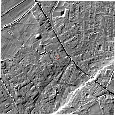 Shaded relief map of the ground around DN50DS, computed from Environment Agency LiDAR. The ground here sits at about 6 m above sea level and falls 7 m across the surrounding 800 m. Surface water reaching this point runs off ground lying to the west-north-west, 0.8 m higher.