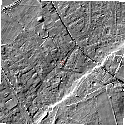 Shaded relief map of the ground around DN50DT, computed from Environment Agency LiDAR. The ground here sits at about 5 m above sea level and falls 8 m across the surrounding 800 m. Surface water reaching this point runs off ground lying to the south, 7.8 m higher.
