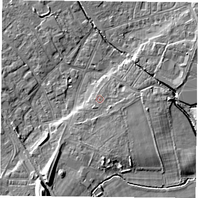 Shaded relief map of the ground around DN50DW, computed from Environment Agency LiDAR. The ground here sits at about 7 m above sea level and falls 14 m across the surrounding 800 m. Surface water reaching this point runs off ground lying to the south-east, 1.4 m higher.