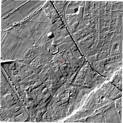 Shaded relief map of the ground around DN50DX, computed from Environment Agency LiDAR. The ground here sits at about 6 m above sea level and falls 9 m across the surrounding 800 m. Surface water reaching this point runs off ground lying to the south-west, 0.6 m higher.
