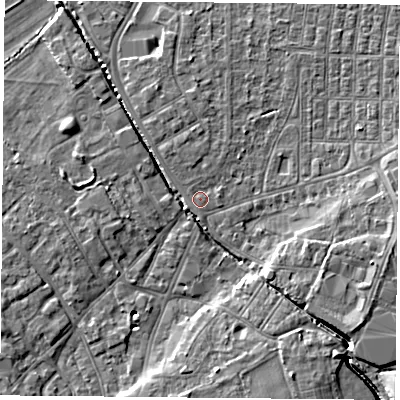 Shaded relief map of the ground around DN50EA, computed from Environment Agency LiDAR. The ground here sits at about 6 m above sea level and falls 8 m across the surrounding 800 m. Surface water reaching this point runs off ground lying to the north-north-west, 1.2 m higher.