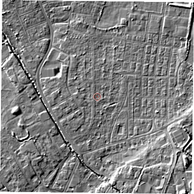 Shaded relief map of the ground around DN50EB, computed from Environment Agency LiDAR. The ground here sits at about 5 m above sea level and falls 7 m across the surrounding 800 m. The ground contributing surface water to this point lies to the west-south-west.