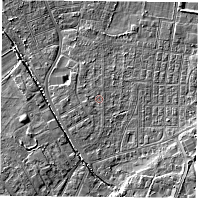 Shaded relief map of the ground around DN50ED, computed from Environment Agency LiDAR. The ground here sits at about 6 m above sea level and falls 6 m across the surrounding 800 m. Surface water reaching this point runs off ground lying to the south-south-west, 0.9 m higher.