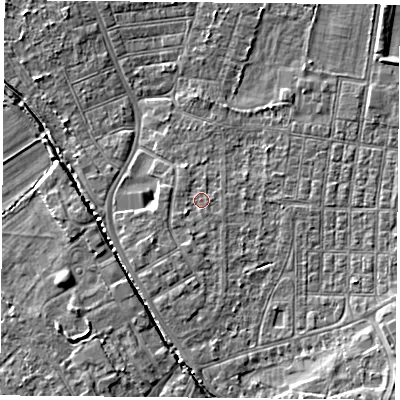 Shaded relief map of the ground around DN50EE, computed from Environment Agency LiDAR. The ground here sits at about 6 m above sea level and falls 5 m across the surrounding 800 m. Surface water reaching this point runs off ground lying to the south-south-west, 1.1 m higher.