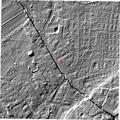 Shaded relief map of the ground around DN50EF, computed from Environment Agency LiDAR. The ground here sits at about 6 m above sea level and falls 7 m across the surrounding 800 m. Surface water reaching this point runs off ground lying to the north, 0.7 m higher.