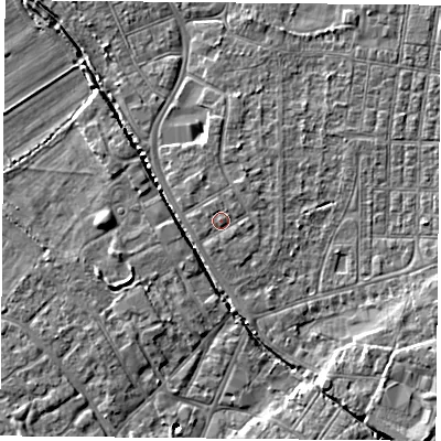 Shaded relief map of the ground around DN50EG, computed from Environment Agency LiDAR. The ground here sits at about 6 m above sea level and falls 7 m across the surrounding 800 m. Surface water reaching this point runs off ground lying to the north-north-west, 0.5 m higher.