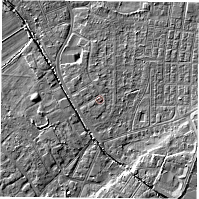 Shaded relief map of the ground around DN50EH, computed from Environment Agency LiDAR. The ground here sits at about 6 m above sea level and falls 7 m across the surrounding 800 m. Surface water reaching this point runs off ground lying to the west, 0.6 m higher.