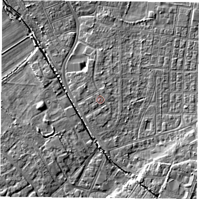 Shaded relief map of the ground around DN50EJ, computed from Environment Agency LiDAR. The ground here sits at about 6 m above sea level and falls 5 m across the surrounding 800 m. The ground contributing surface water to this point lies to the west-south-west.