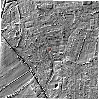 Shaded relief map of the ground around DN50EP, computed from Environment Agency LiDAR. The ground here sits at about 5 m above sea level and falls 3 m across the surrounding 800 m. Surface water reaching this point runs off ground lying to the north-west, 1.8 m higher.