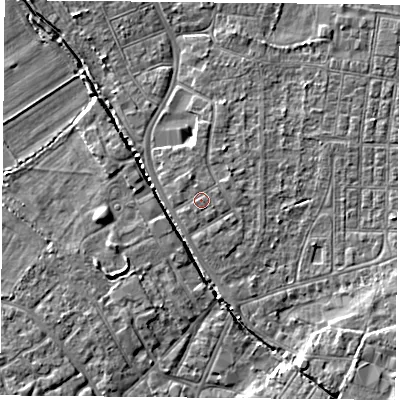 Shaded relief map of the ground around DN50EQ, computed from Environment Agency LiDAR. The ground here sits at about 6 m above sea level and falls 5 m across the surrounding 800 m. Surface water reaching this point runs off ground lying to the north-north-west, 0.7 m higher.