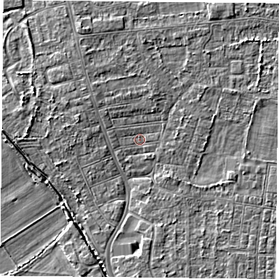 Shaded relief map of the ground around DN50ER, computed from Environment Agency LiDAR. The ground here sits at about 5 m above sea level and falls 3 m across the surrounding 800 m. Surface water reaching this point runs off ground lying to the west, 2.7 m higher.