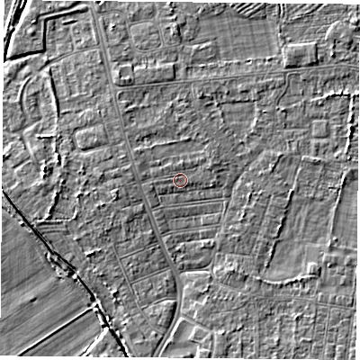 Shaded relief map of the ground around DN50ET, computed from Environment Agency LiDAR. The ground here sits at about 6 m above sea level and falls 3 m across the surrounding 800 m. Surface water reaching this point runs off ground lying to the west-north-west, 0.9 m higher.