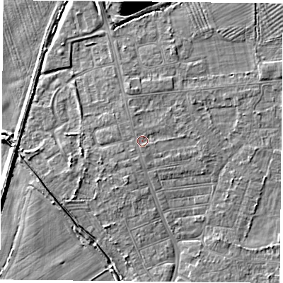 Shaded relief map of the ground around DN50EU, computed from Environment Agency LiDAR. The ground here sits at about 6 m above sea level and falls 10 m across the surrounding 800 m. Surface water reaching this point runs off ground lying to the south-south-east, 0.8 m higher.