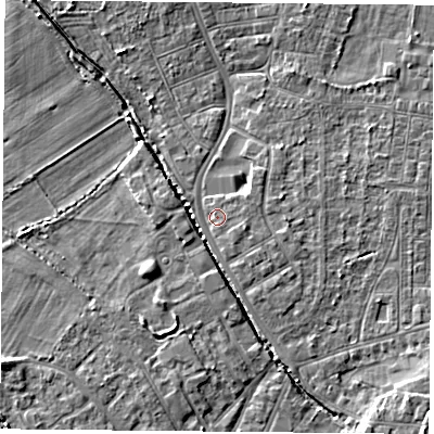 Shaded relief map of the ground around DN50EW, computed from Environment Agency LiDAR. The ground here sits at about 6 m above sea level and falls 5 m across the surrounding 800 m. Surface water reaching this point runs off ground lying to the south-south-east, 1.0 m higher.