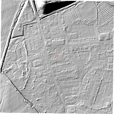Shaded relief map of the ground around DN50EX, computed from Environment Agency LiDAR. The ground here sits at about 6 m above sea level and falls 17 m across the surrounding 800 m. Surface water reaching this point runs off ground lying to the west-north-west, 0.8 m higher.