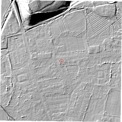 Shaded relief map of the ground around DN50EY, computed from Environment Agency LiDAR. The ground here sits at about 6 m above sea level and falls 18 m across the surrounding 800 m. Surface water reaching this point runs off ground lying to the south-south-west, 0.7 m higher.
