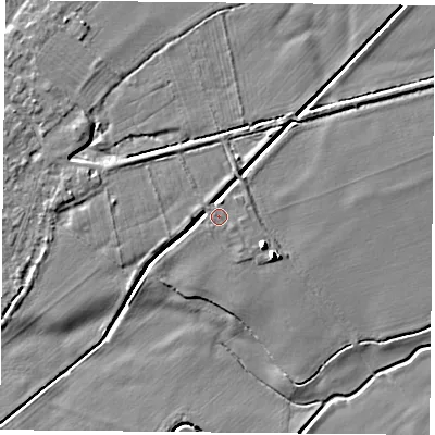 Shaded relief map of the ground around DN50FB, computed from Environment Agency LiDAR. The ground here sits at about 6 m above sea level and falls 8 m across the surrounding 800 m. Surface water reaching this point runs off ground lying to the north-north-east, 3.3 m higher.