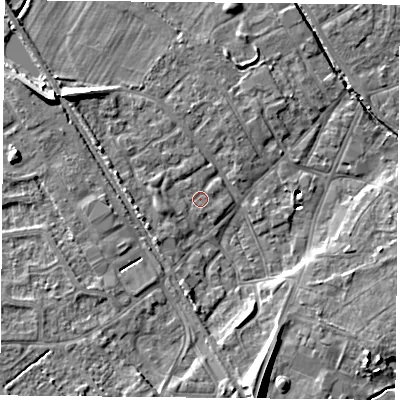 Shaded relief map of the ground around DN50GA, computed from Environment Agency LiDAR. The ground here sits at about 6 m above sea level and falls 13 m across the surrounding 800 m. Surface water reaching this point runs off ground lying to the west-south-west, 1.6 m higher.