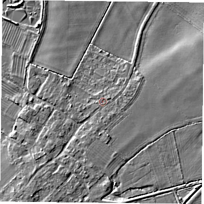 Shaded relief map of the ground around DN50GL, computed from Environment Agency LiDAR. The ground here sits at about 6 m above sea level and falls 6 m across the surrounding 800 m. Surface water reaching this point runs off ground lying to the east-north-east, 0.5 m higher.