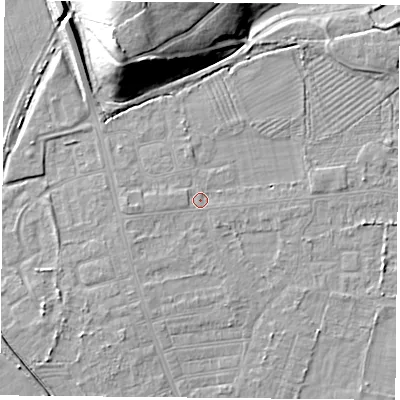 Shaded relief map of the ground around DN50HA, computed from Environment Agency LiDAR. The ground here sits at about 6 m above sea level and falls 18 m across the surrounding 800 m. Surface water reaching this point runs off ground lying to the south, 1.2 m higher.