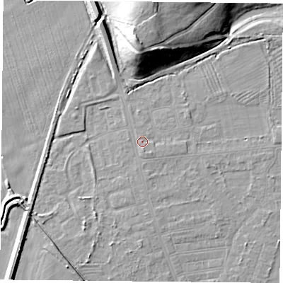 Shaded relief map of the ground around DN50HB, computed from Environment Agency LiDAR. The ground here sits at about 6 m above sea level and falls 19 m across the surrounding 800 m. Surface water reaching this point runs off ground lying to the south, 0.9 m higher.