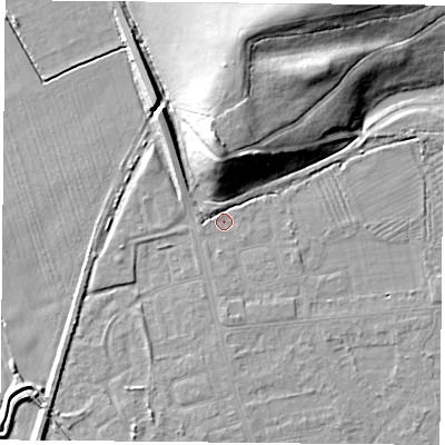 Shaded relief map of the ground around DN50HD, computed from Environment Agency LiDAR. The ground here sits at about 5 m above sea level and falls 20 m across the surrounding 800 m. Surface water reaching this point runs off ground lying to the south, 2.1 m higher.