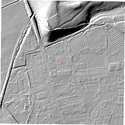 Shaded relief map of the ground around DN50HE, computed from Environment Agency LiDAR. The ground here sits at about 6 m above sea level and falls 18 m across the surrounding 800 m. The ground contributing surface water to this point lies to the north.