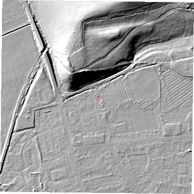 Shaded relief map of the ground around DN50HF, computed from Environment Agency LiDAR. The ground here sits at about 6 m above sea level and falls 21 m across the surrounding 800 m. Surface water reaching this point runs off ground lying to the south-east, 0.8 m higher.