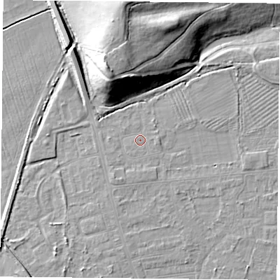 Shaded relief map of the ground around DN50HG, computed from Environment Agency LiDAR. The ground here sits at about 6 m above sea level and falls 18 m across the surrounding 800 m. Surface water reaching this point runs off ground lying to the east, 1.9 m higher.